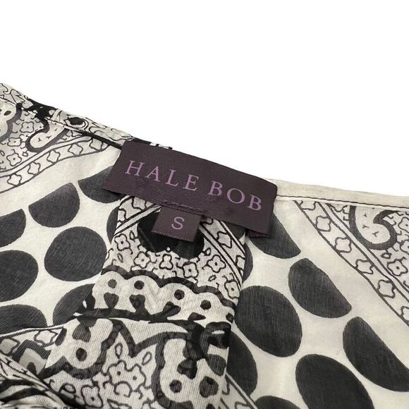 Hale Bob Sz Small Paisley Black & White Print Tassel Tie Front Chiffon Blouse Ov - Picture 3 of 12